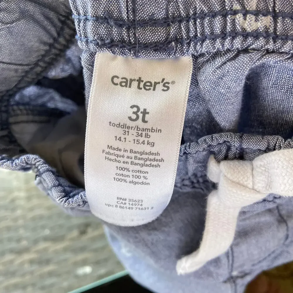 Carter's Boys Shorts Size 3T Chambray Blue Elastic Waist Anchors Nautical‎ Print